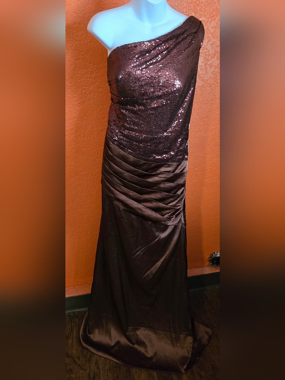 Sequined Black Evening Gown with Draped Satin Waist